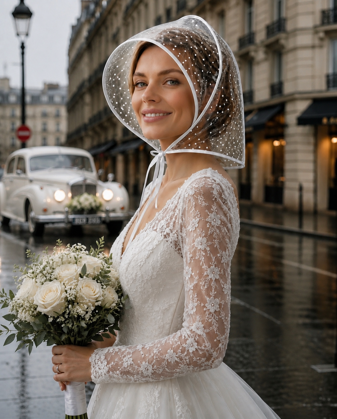 Polka Dot Print Rain Bonnet - White