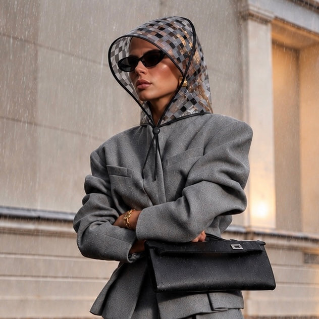 Black and grey tartan rain bonnet worn with sunglasses and a grey blazer outdoors, three-quarter view.
