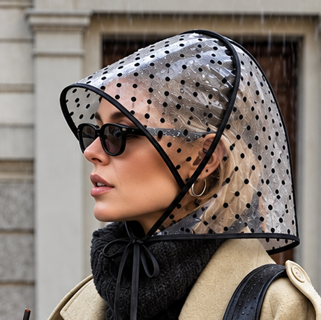 Black polka dot rain bonnet worn with sunglasses and a beige coat outdoors, side profile.