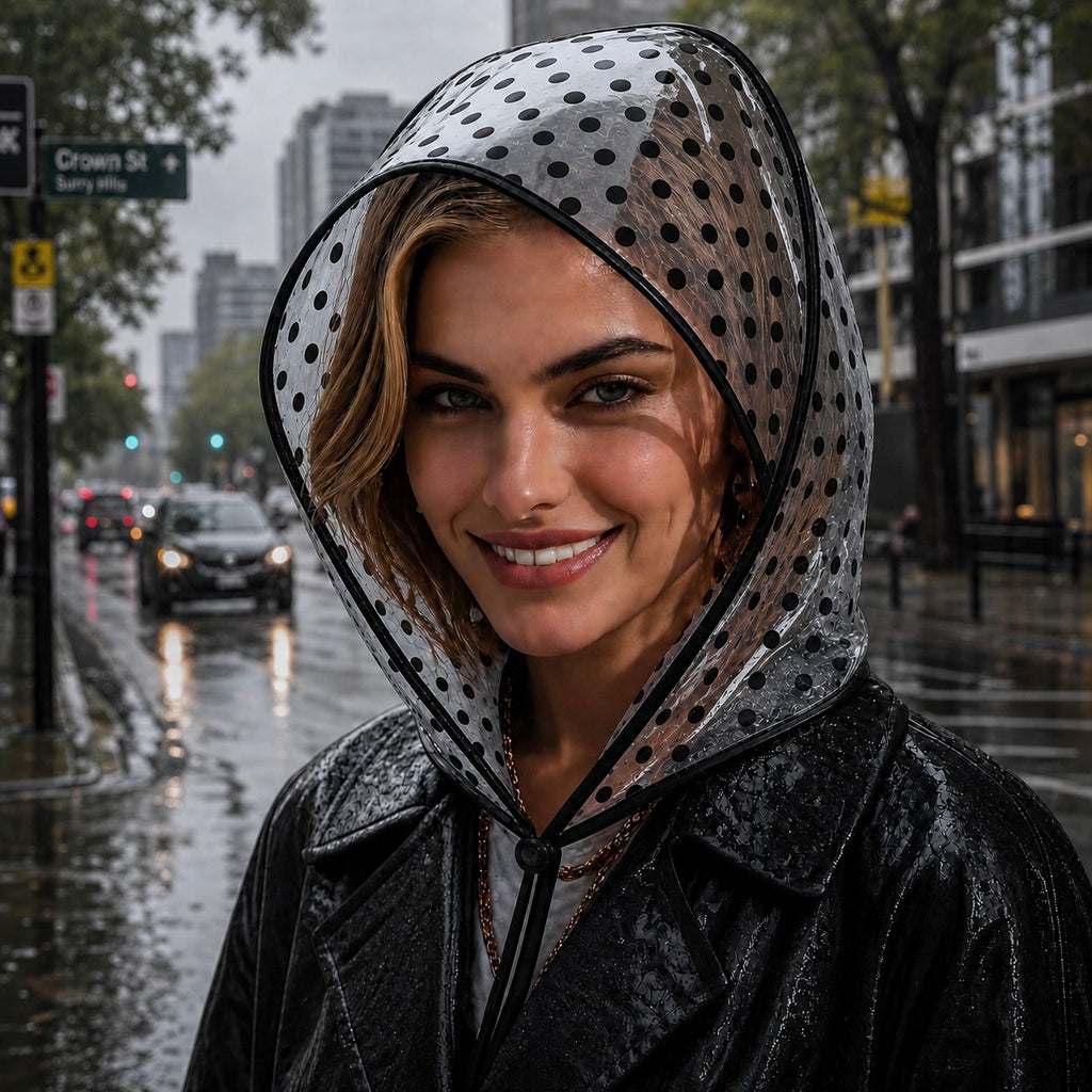 Polka Dot Print Rain Bonnet - Black