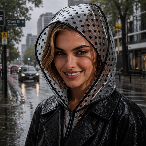 Polka Dot Print Rain Bonnet - Black