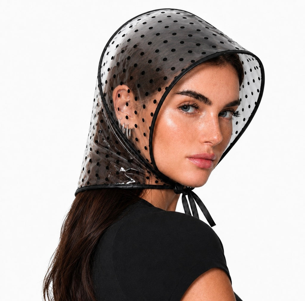 Polka Dot Print Rain Bonnet - Black