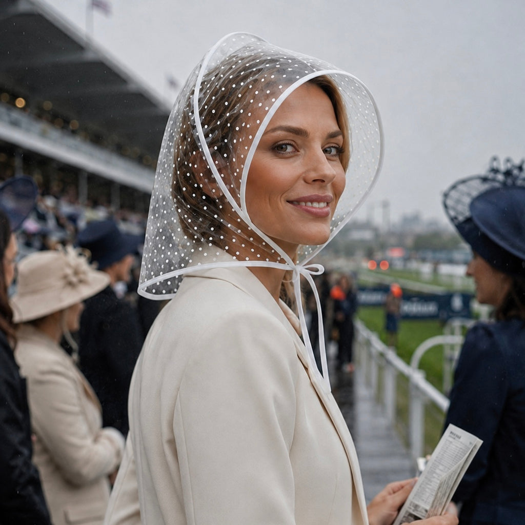 Polka Dot Print Rain Bonnet - White