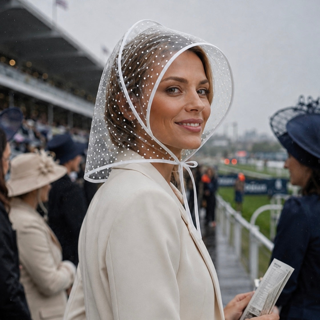 Polka Dot Print Rain Bonnet - White