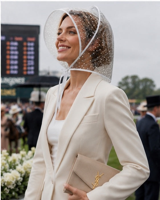 Polka Dot Print Rain Bonnet - White
